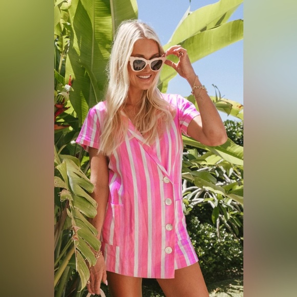 Show Me Your MuMu Pants - NWT Show Me Your Mumu X Barbie Biocoastal Blazer Romper in Dreamhouse Stripe S